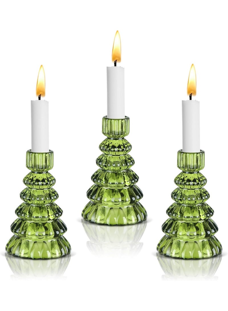 Christmas Tree Candle Holders: Set of 3 Glass Candlestick Holders Green Candle Sticks Holder Modern Christmas Candle Holder for Taper Candles Home Decor Table Centrepiece Decorations Gift - Image 1